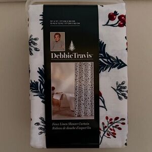 Debbie Travis Faux Linen Shower Curtain - White with Navy & Red Botanical Print